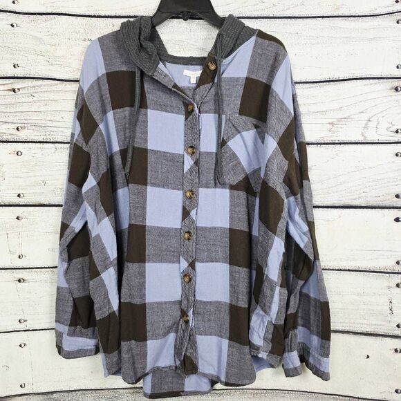 Maurices Blue Brown Plaid Button Front Hoodie Shirt 2X - Picture 1 of 6